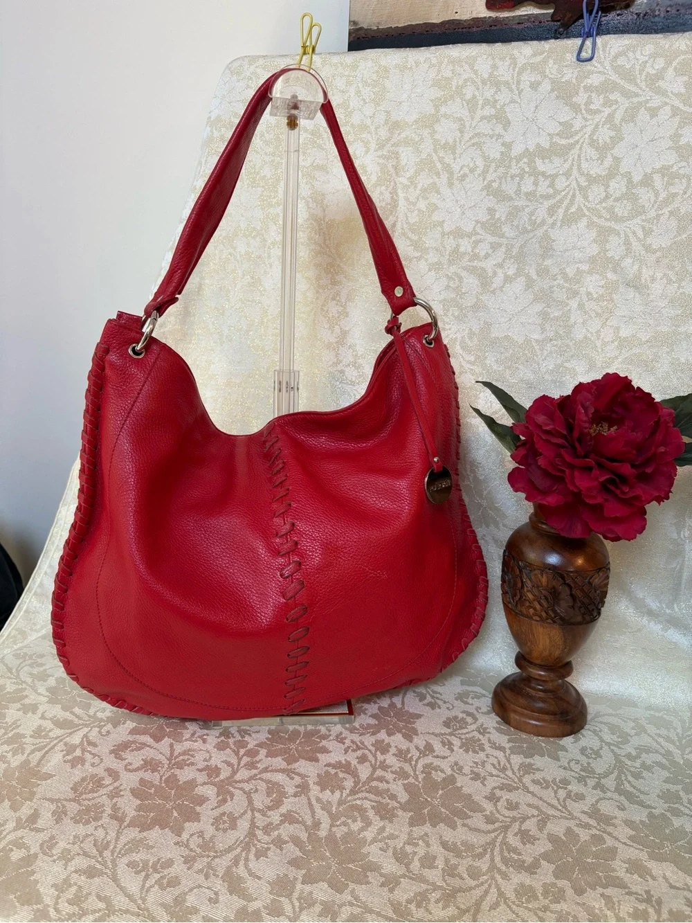 Pulicati Red Leather Whipstitched Hobo Shoulder Bag